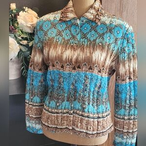 UBU Crinkle Jacket Small in tan, cream, gold and turquoise colors